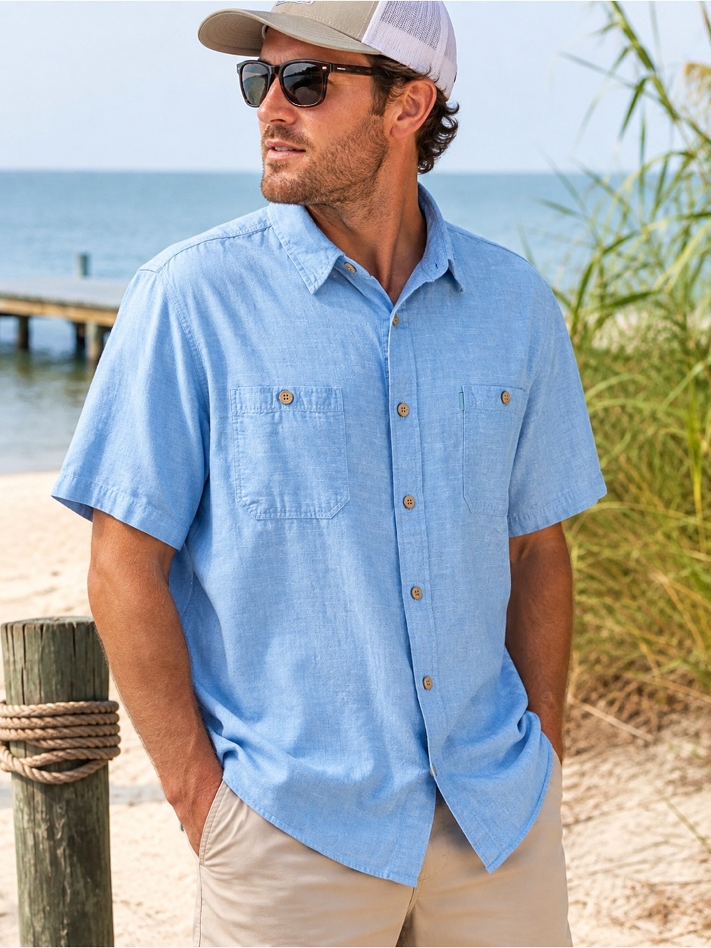 Heybo Outdoors Blue 100% Cotton Button Up Fishing Shirt Men’s Large